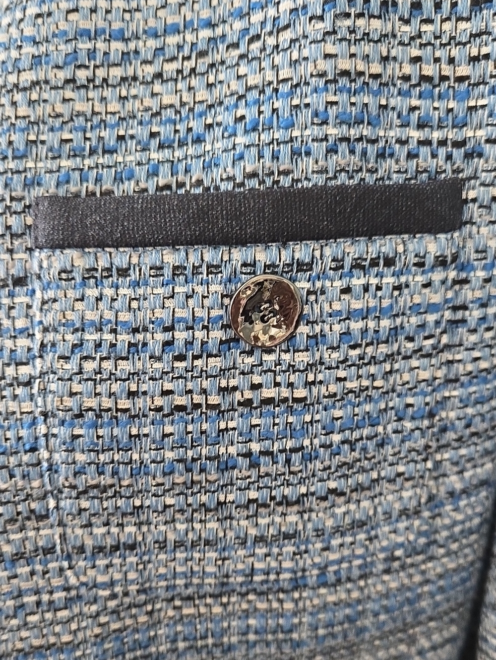 Bar III Classic Blue Tweed Collarless Jacket W/ Deep Navy Trim Sz Large - Picture 4 of 10